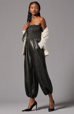 Anthropologie M Tall Faux Leather Balloon Jumpsuit Black Smocked Strapless
